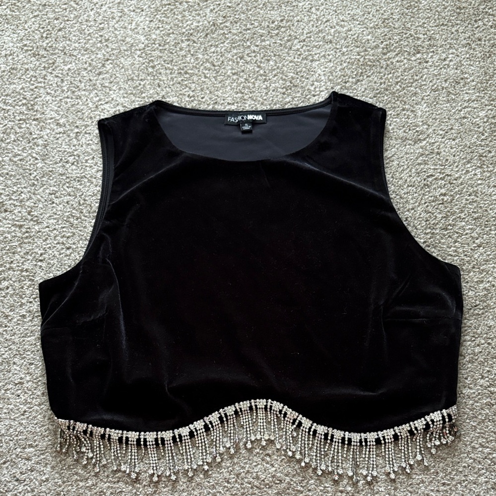 Fashion Nova Black Velvet Tank with Fringe